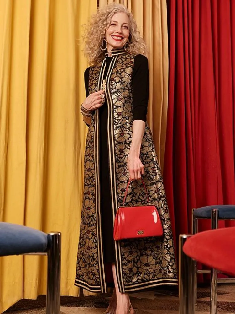 Floral Metallic Jacquard Mandarin Collar Sleeveless Jacket