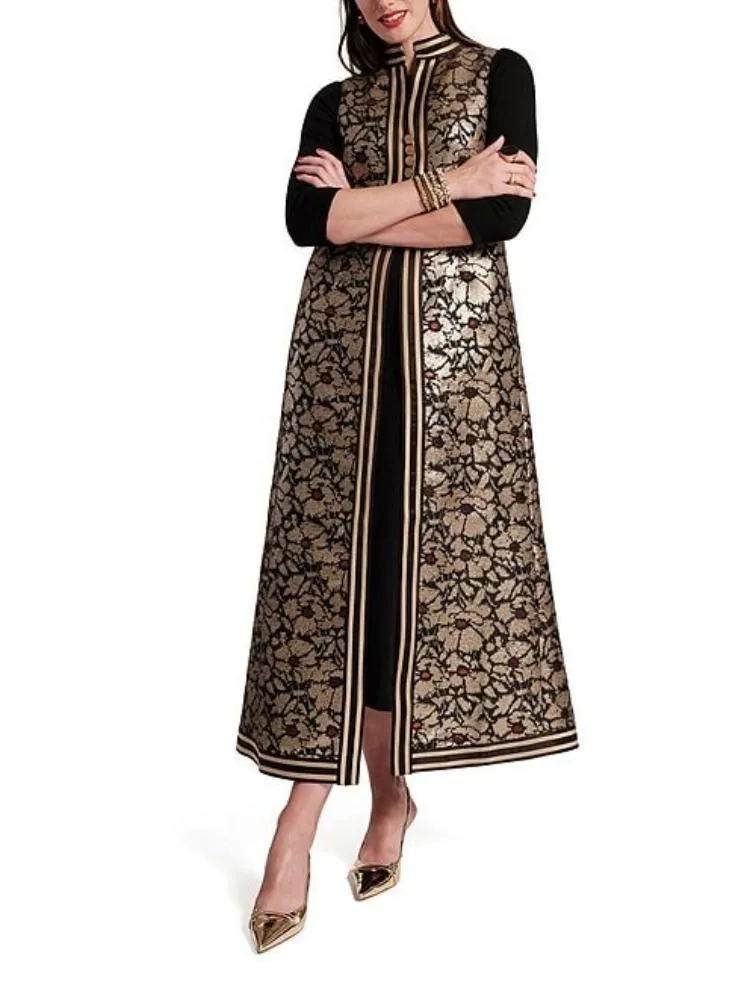 Floral Metallic Jacquard Mandarin Collar Sleeveless Jacket