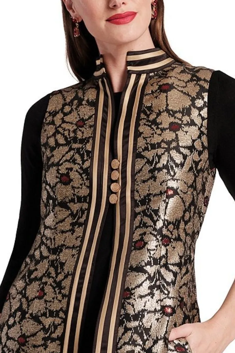 Floral Metallic Jacquard Mandarin Collar Sleeveless Jacket