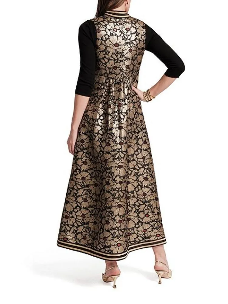 Floral Metallic Jacquard Mandarin Collar Sleeveless Jacket