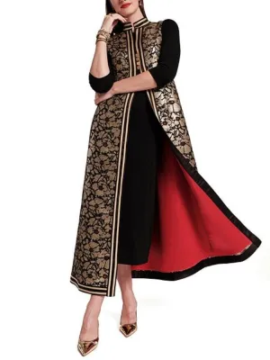 Floral Metallic Jacquard Mandarin Collar Sleeveless Jacket