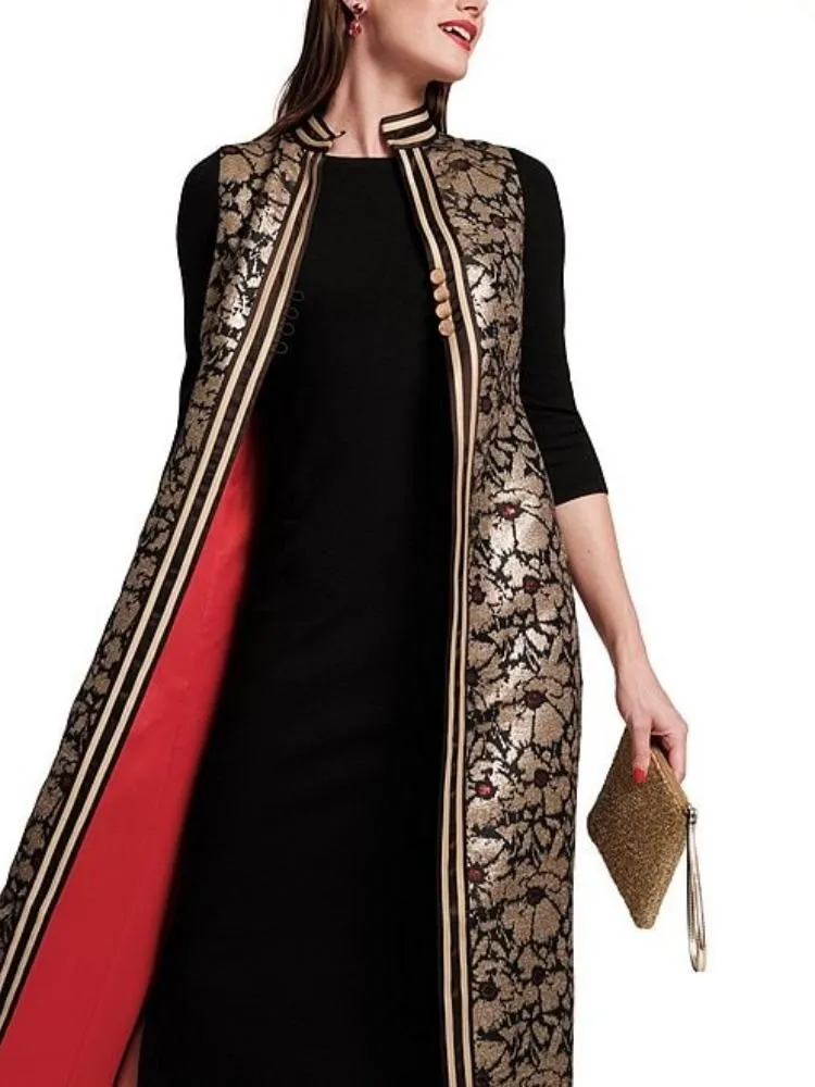 Floral Metallic Jacquard Mandarin Collar Sleeveless Jacket