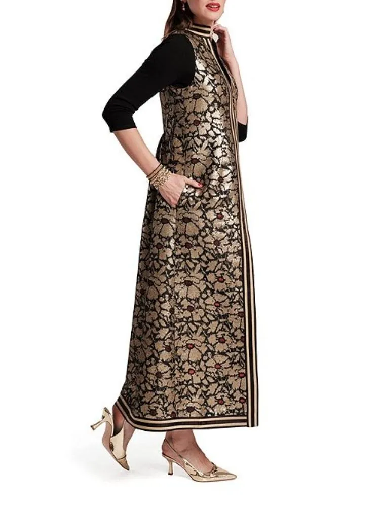 Floral Metallic Jacquard Mandarin Collar Sleeveless Jacket