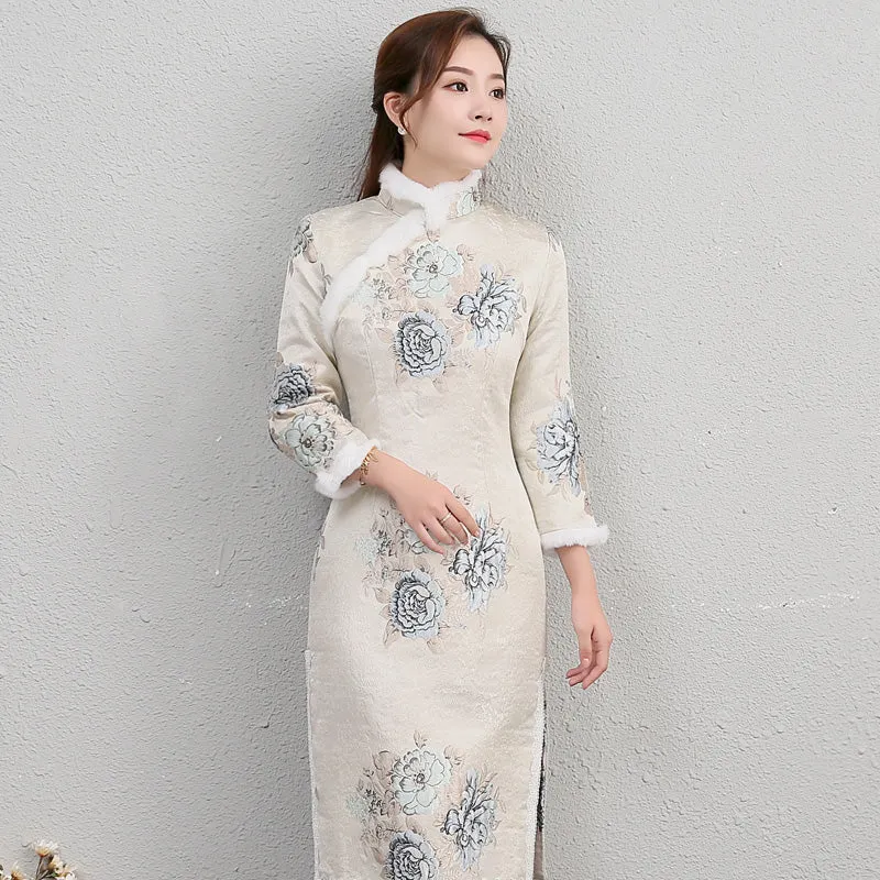 Fur Collar & Cuff Floral Brocade Cheongsam Knee Length Wadded Chinese Dress