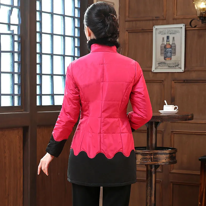 Fur Collar Floral Embroidery Chinese Style Wadded Coat