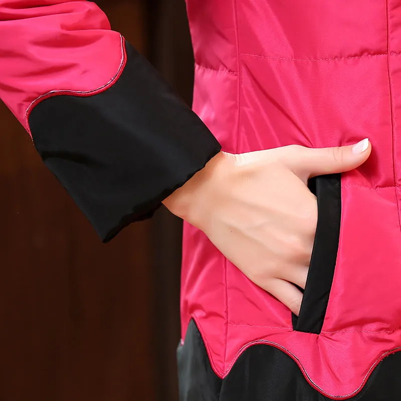 Fur Collar Floral Embroidery Chinese Style Wadded Coat