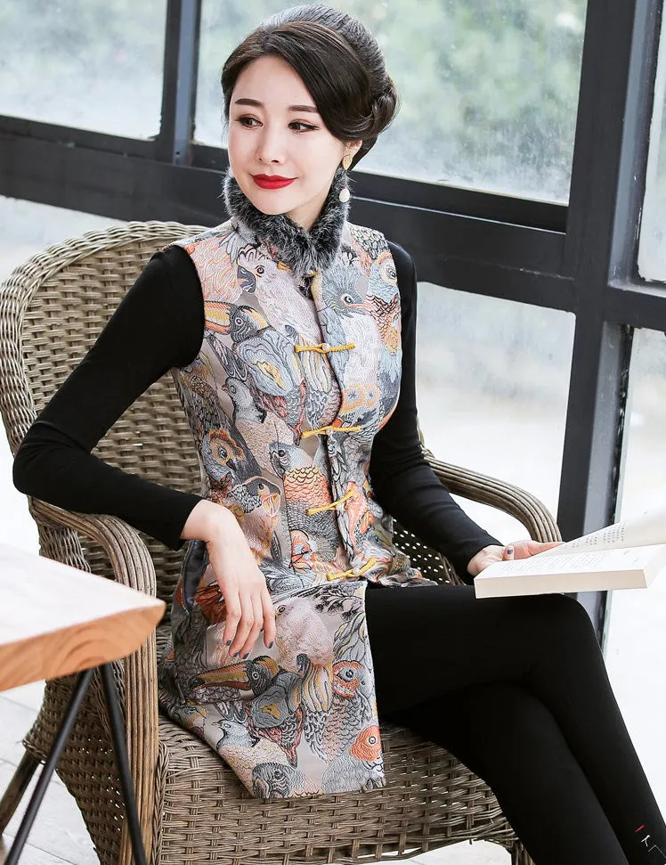 Fur Edge Bird Pattern Brocade Traditional Wadded Chinese Waistcoat Vest