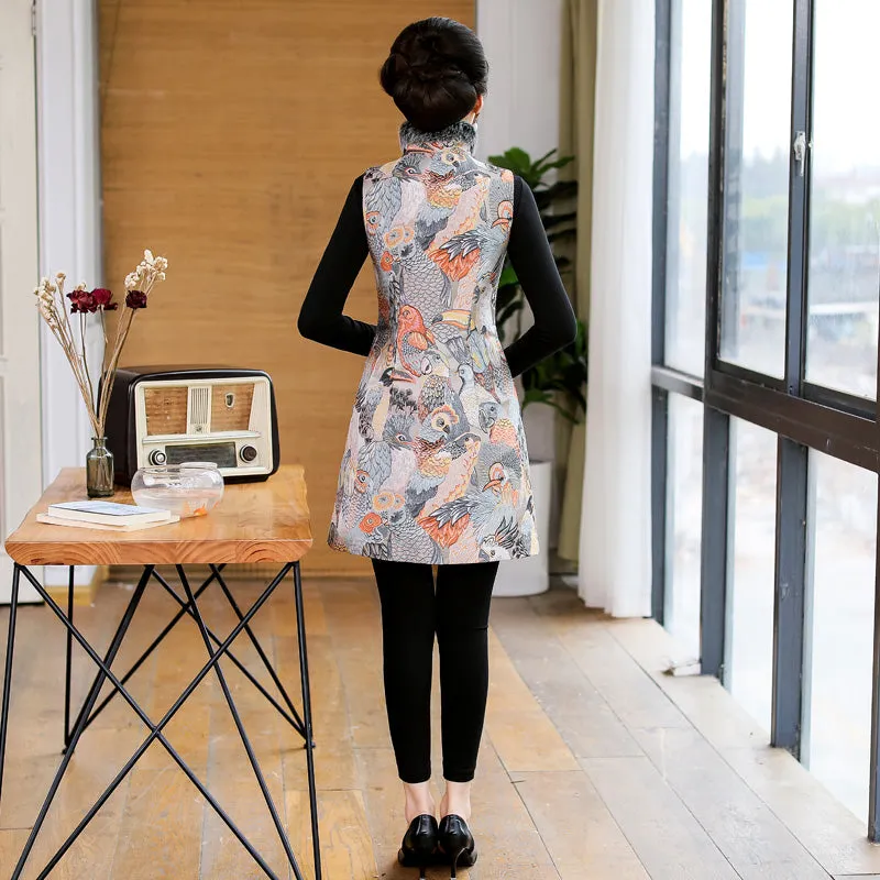 Fur Edge Bird Pattern Brocade Traditional Wadded Chinese Waistcoat Vest