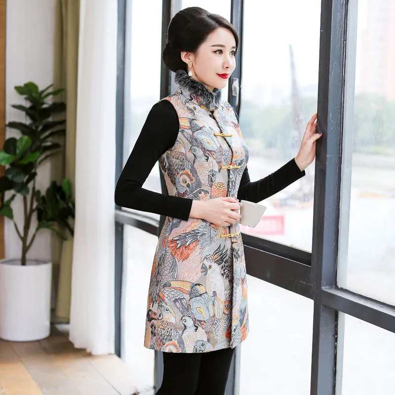 Fur Edge Bird Pattern Brocade Traditional Wadded Chinese Waistcoat Vest