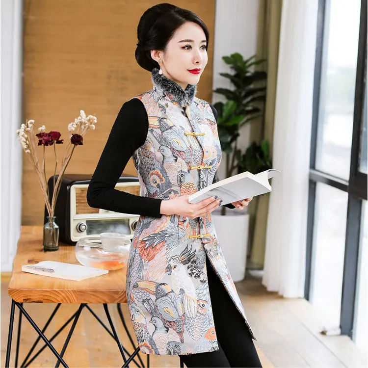 Fur Edge Bird Pattern Brocade Traditional Wadded Chinese Waistcoat Vest