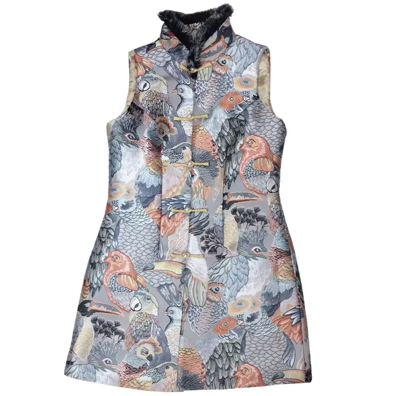 Fur Edge Bird Pattern Brocade Traditional Wadded Chinese Waistcoat Vest