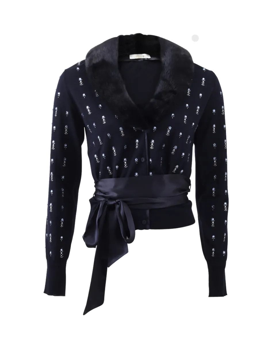 Fur Trim Jeweled Cardigan