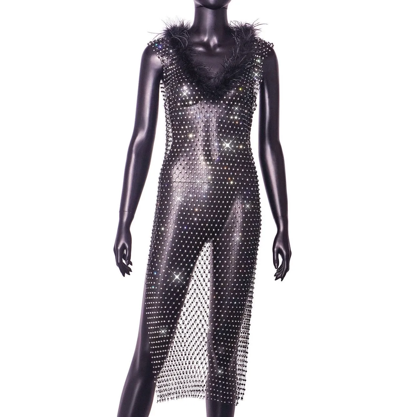 Fuzzy Collar Rhinestone Fishnet Dress