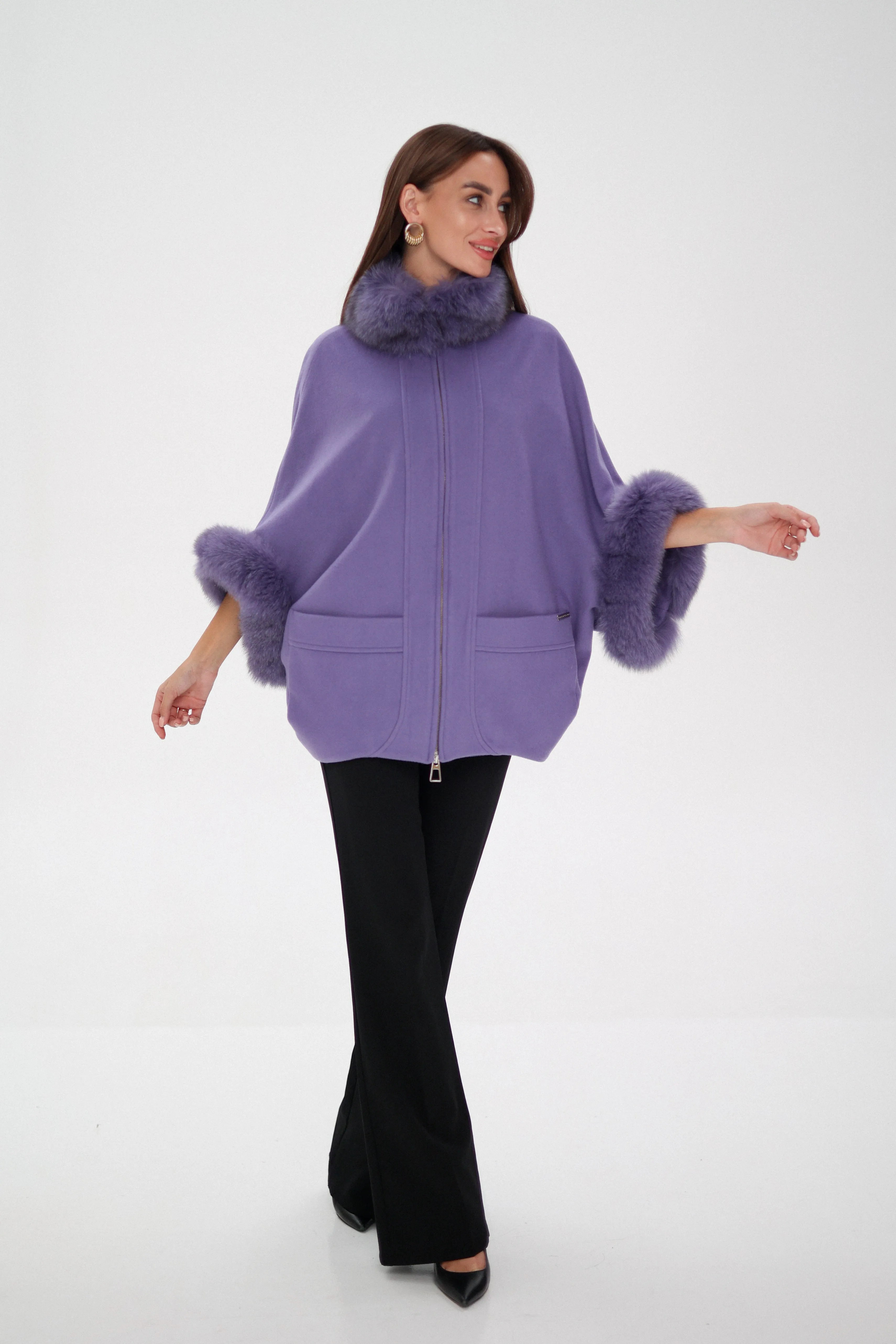 Genuine Polar Fox Fur Cashmere Blend Coat in Moonlit Orchid