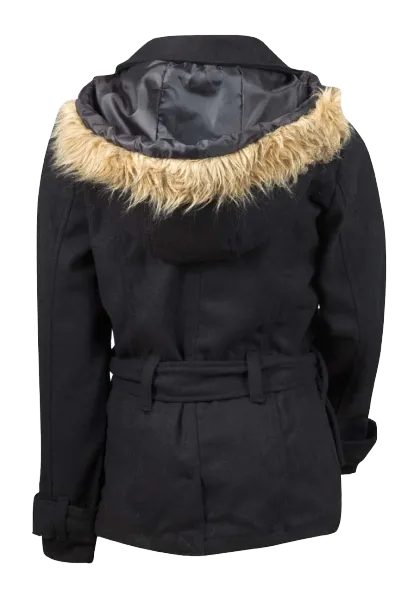 Girls Wool Blend Hooded Furry Trim Coat