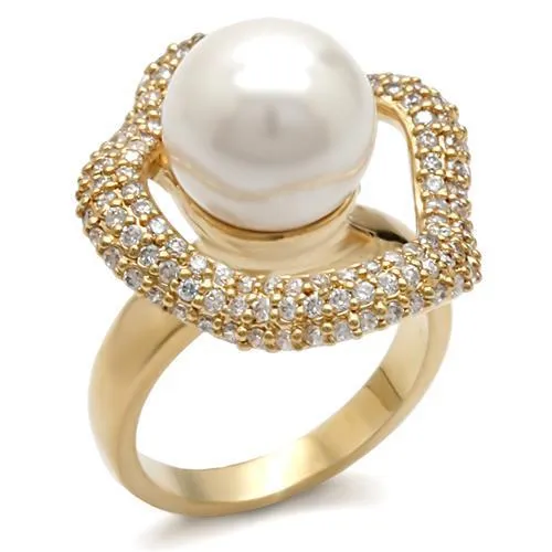 Gold Brass Ring with Synthetic Pearl in White for Women Style 1W103