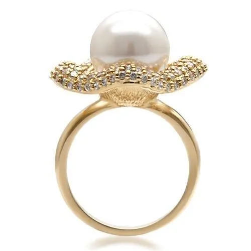 Gold Brass Ring with Synthetic Pearl in White for Women Style 1W103