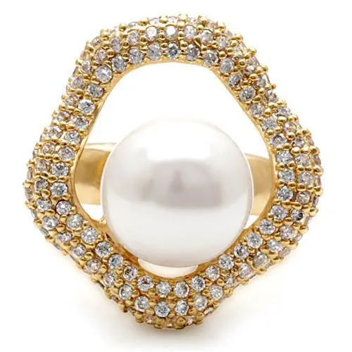 Gold Brass Ring with Synthetic Pearl in White for Women Style 1W103
