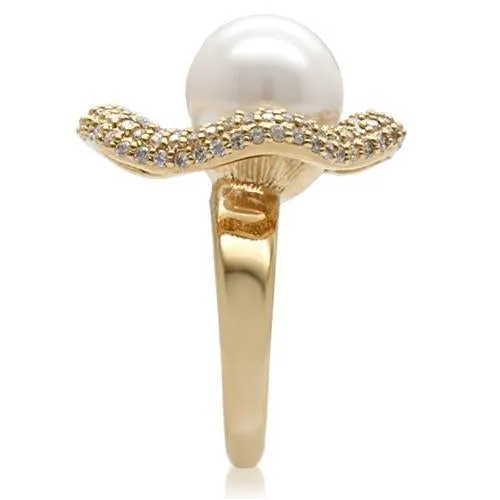 Gold Brass Ring with Synthetic Pearl in White for Women Style 1W103