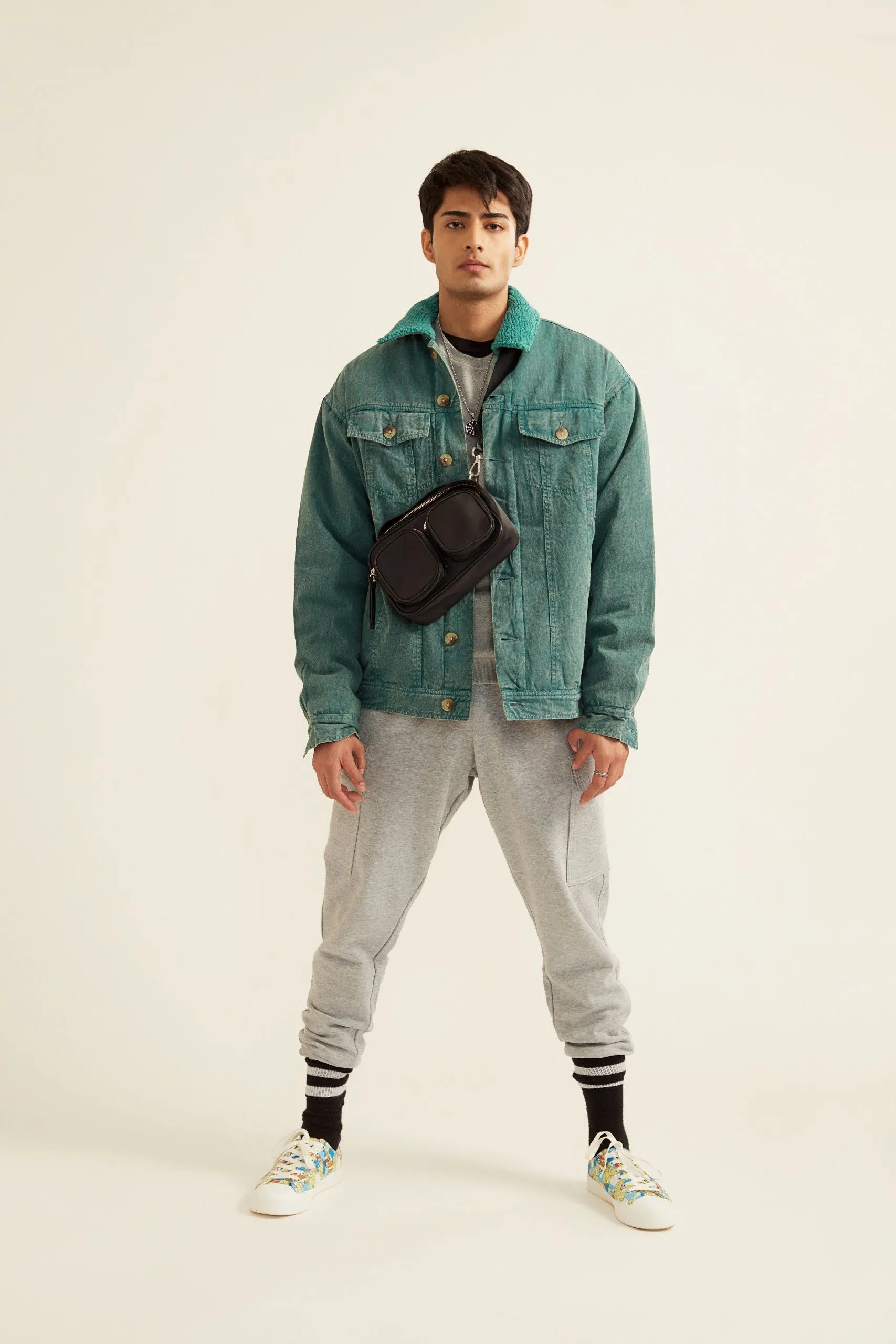 Green Acid Washed Twill Jacket with Faux Fur