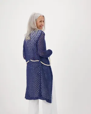 Honeycomb Mesh Open Front Knit Cardigan with Cord Tie-Up