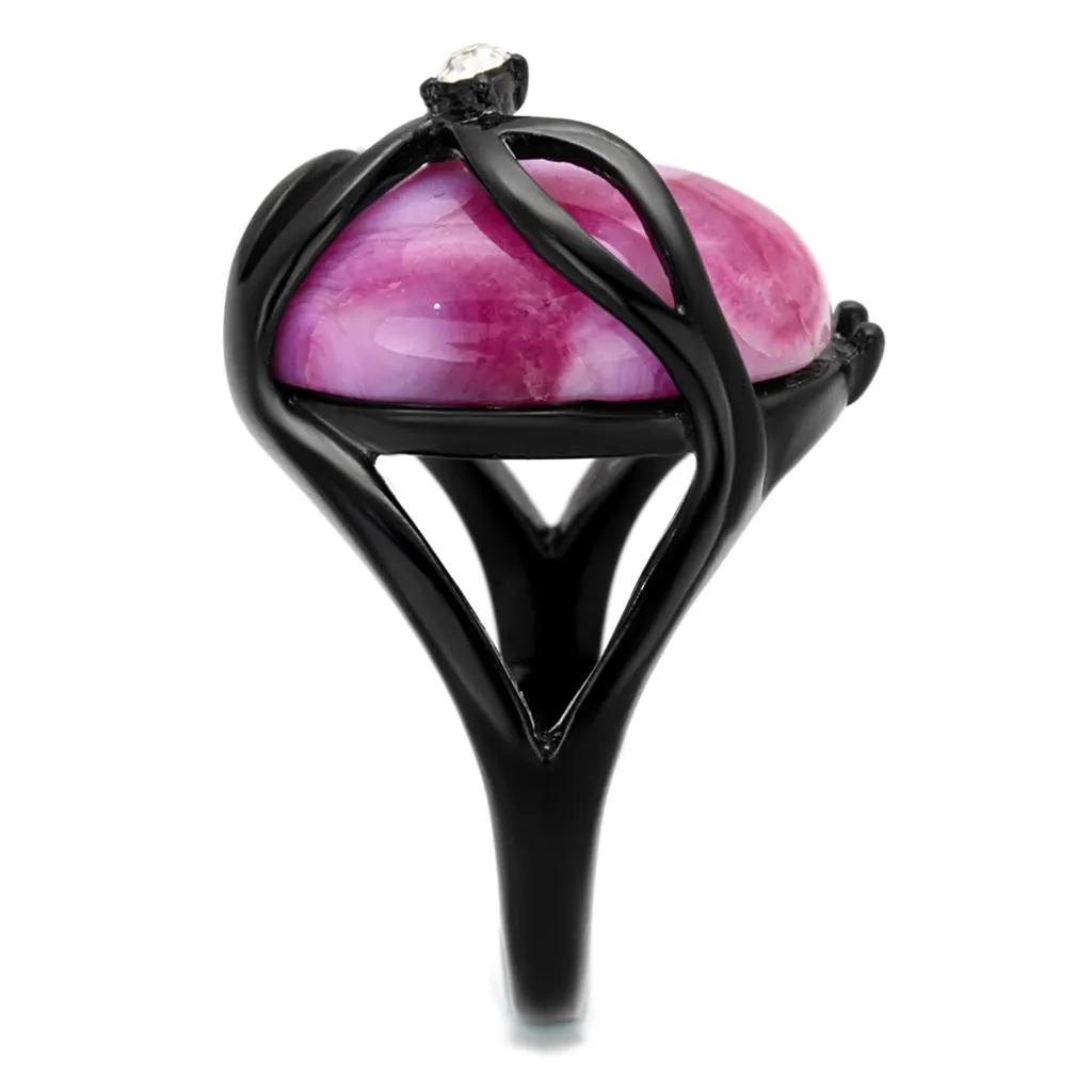 IP Black(Ion Plating) Stainless Steel Ring with Synthetic Cat Eye in Fuchsia for Women Style TK1144J