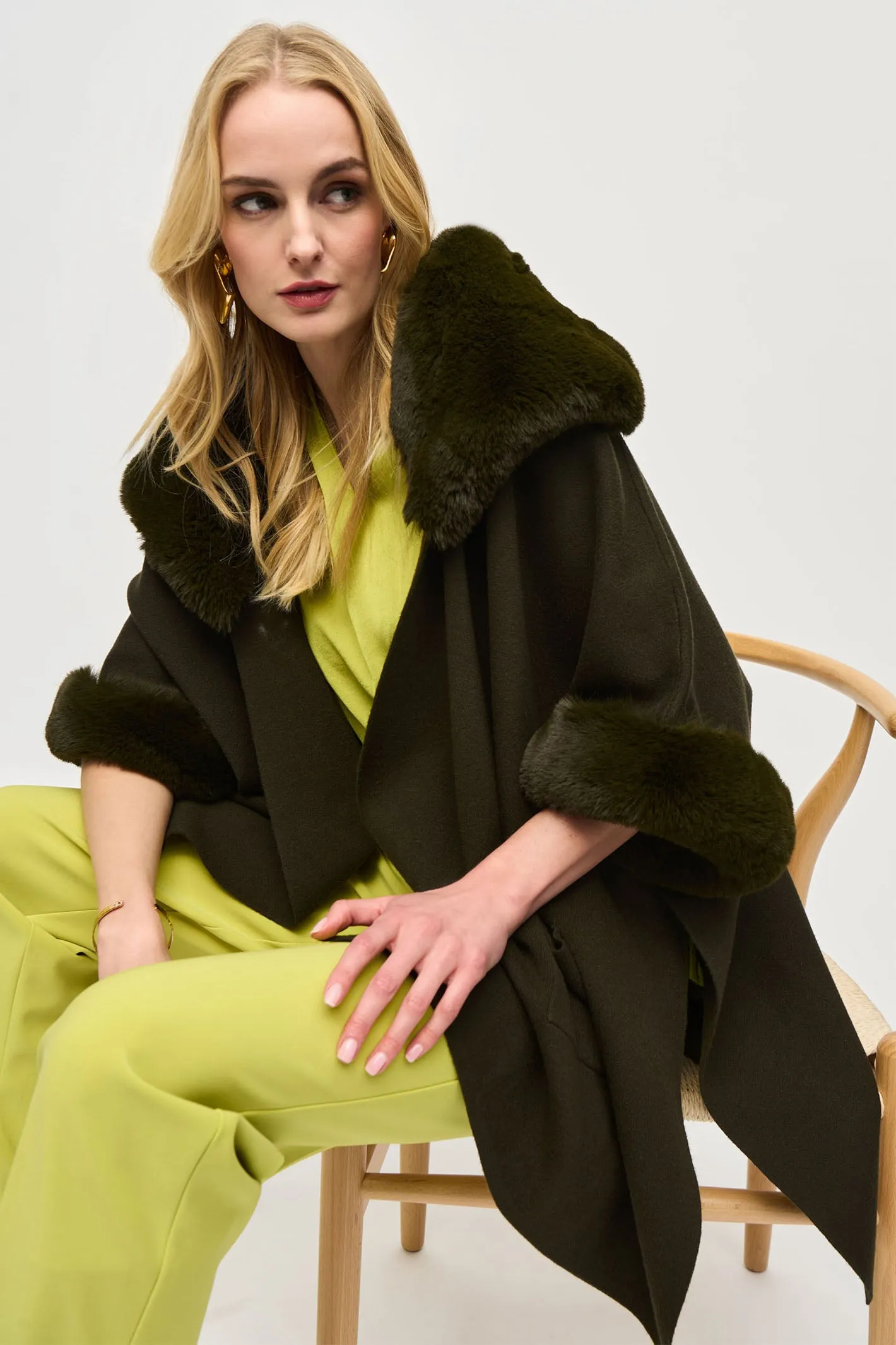 Joseph Ribkoff Faux Fur Edged Cape Khaki Green 243930