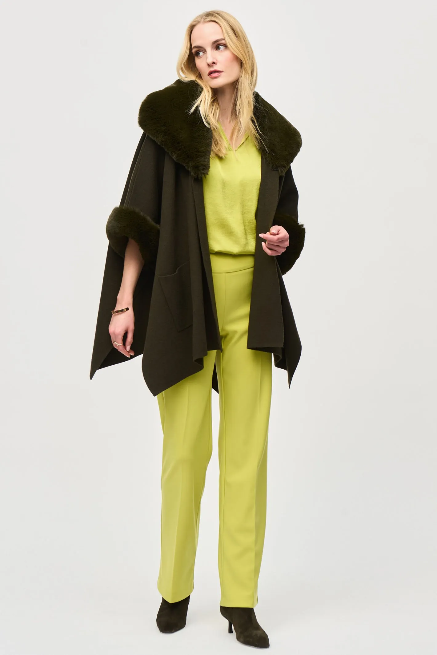 Joseph Ribkoff Faux Fur Edged Cape Khaki Green 243930