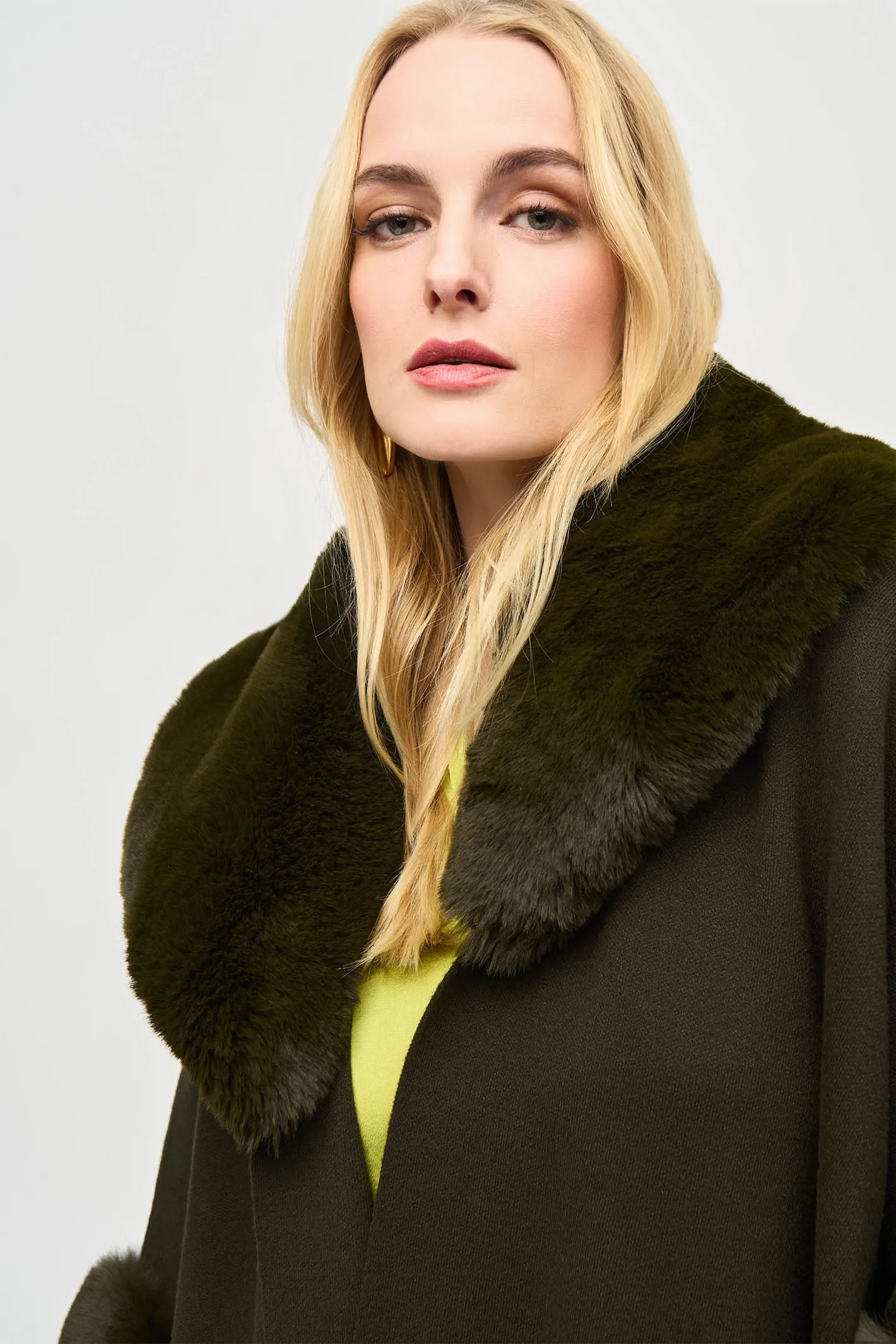 Joseph Ribkoff Faux Fur Edged Cape Khaki Green 243930