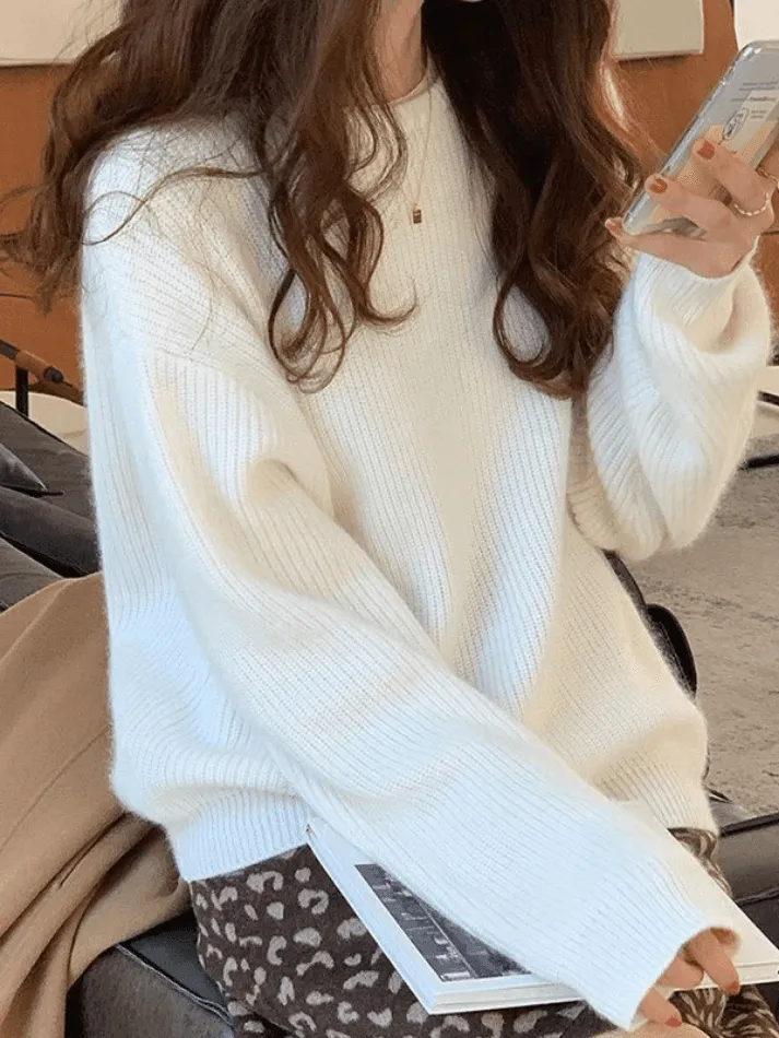 Joskaa Solid Color Crew Neck Pullover Sweater