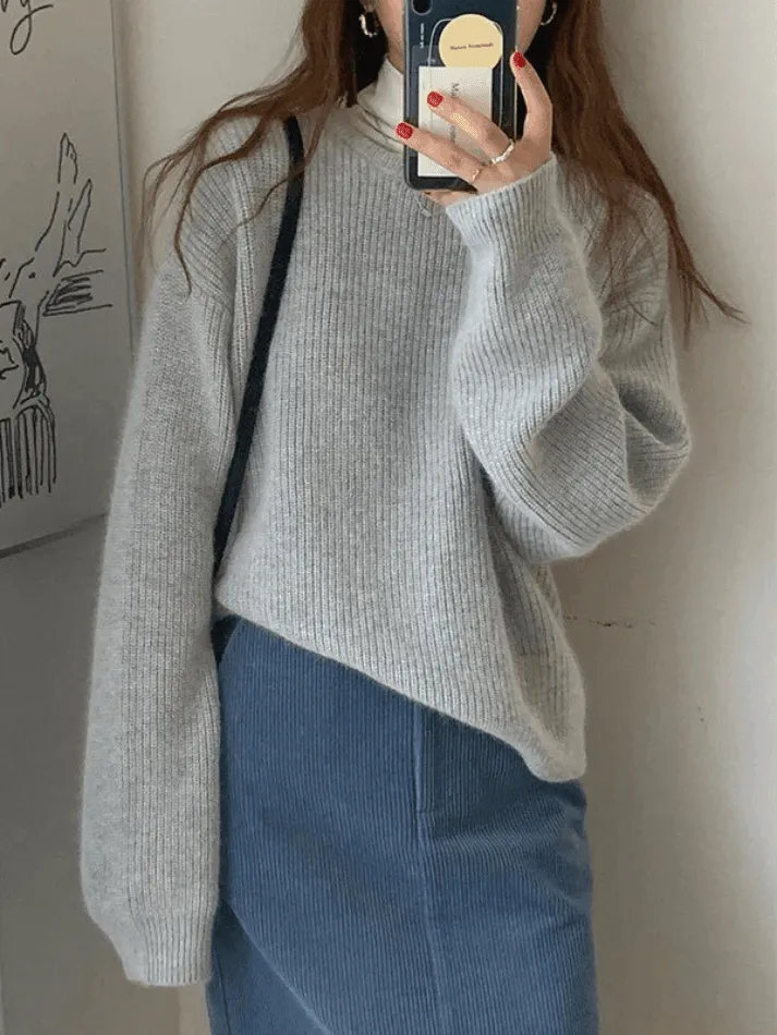 Joskaa Solid Color Crew Neck Pullover Sweater