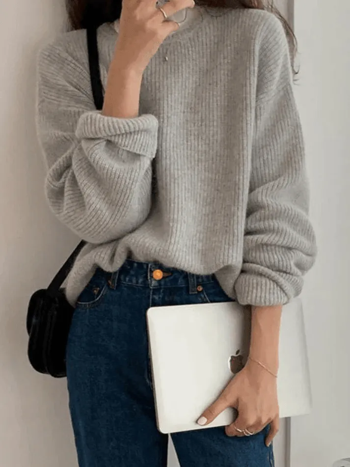 Joskaa Solid Color Crew Neck Pullover Sweater