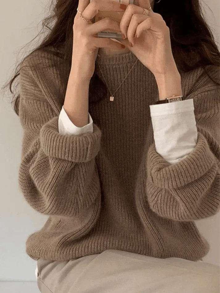 Joskaa Solid Color Crew Neck Pullover Sweater