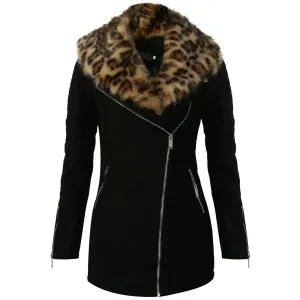 Kia Foleys Suede Leather Jacket With Leopard Print Fur Collar
