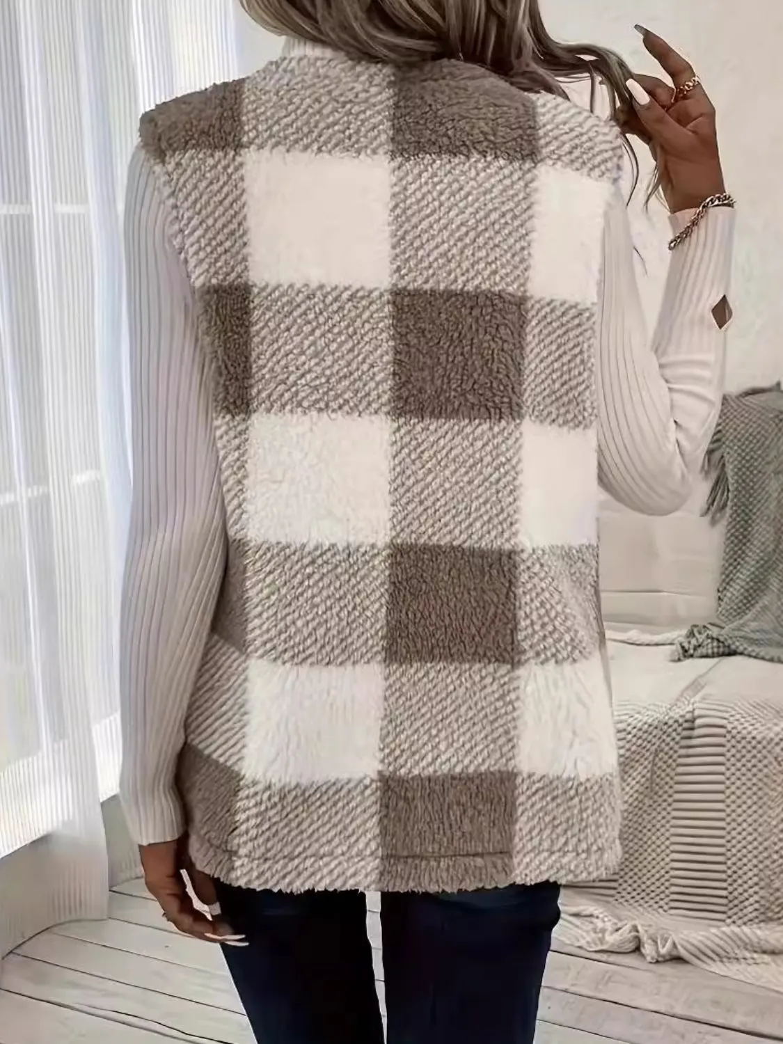 Knitted Plaid Open Front Vest Coat
