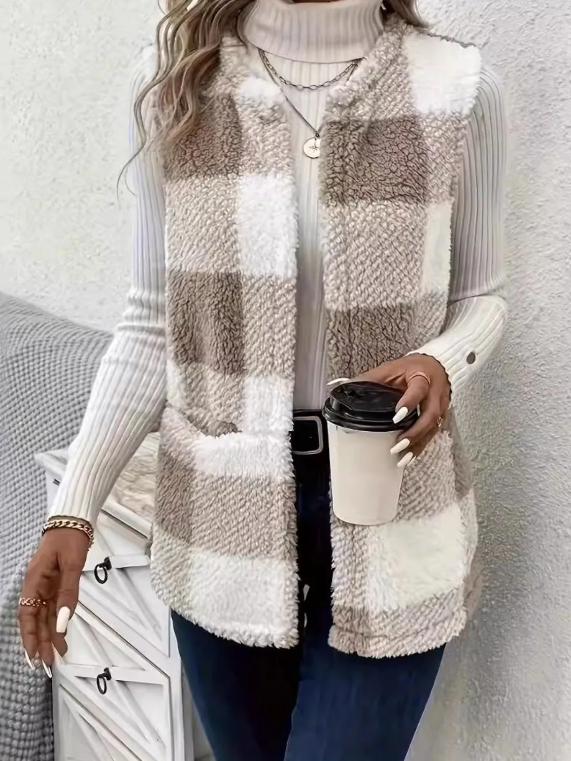 Knitted Plaid Open Front Vest Coat