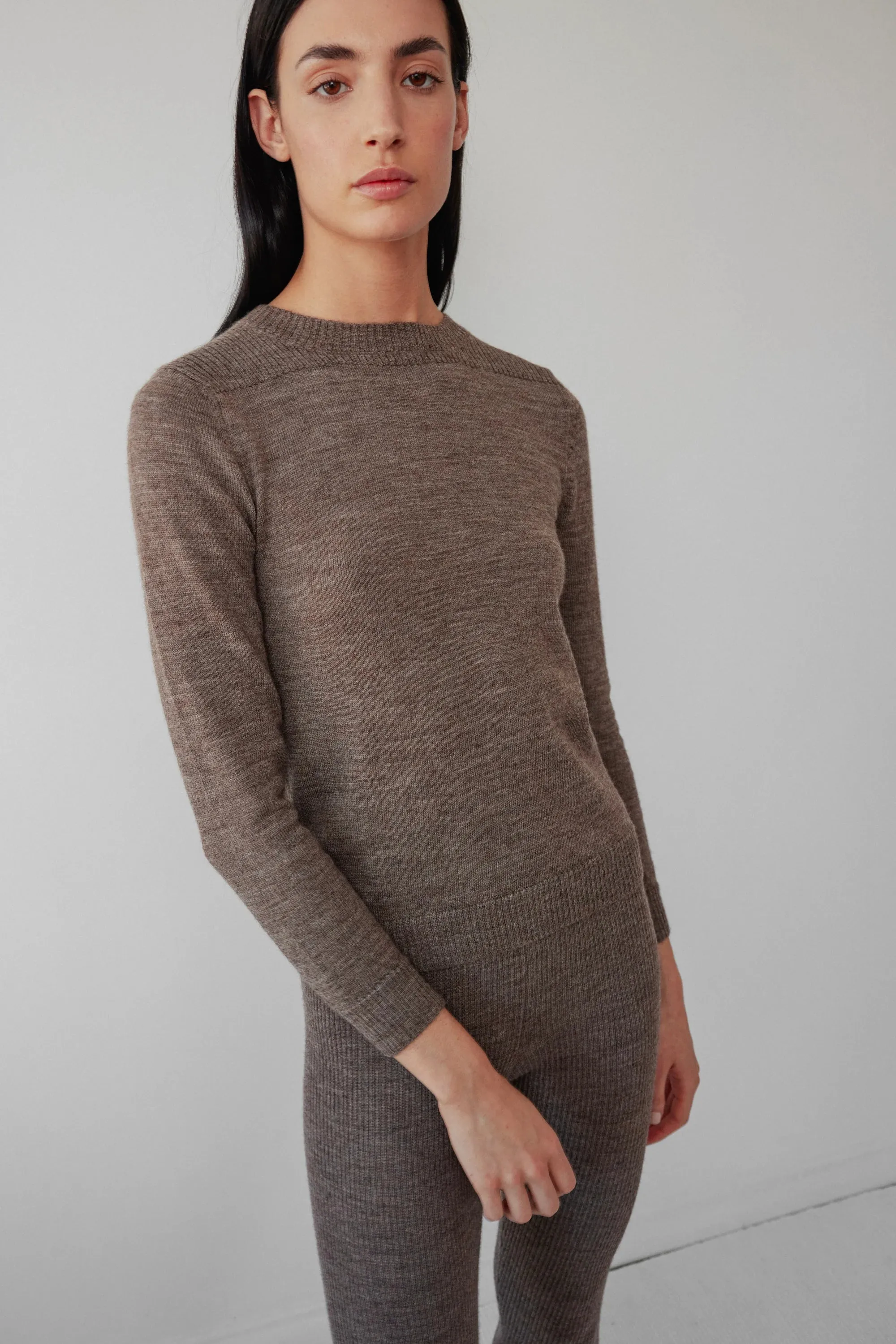 LAYERING RIB CREWNECK - HEATHER BROWN
