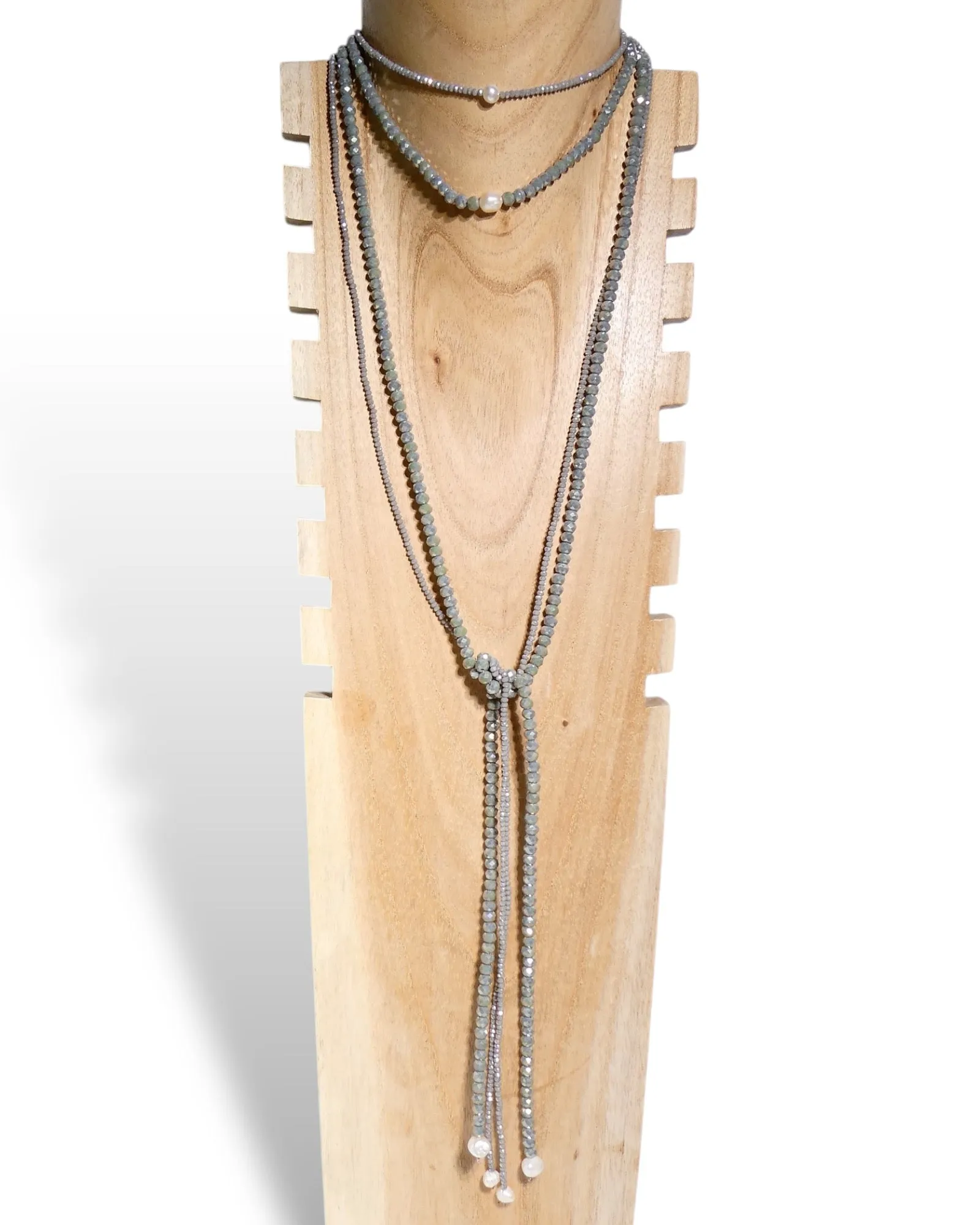 Light Crystal Beaded Lariat Wrap Necklaces with Pearl Centerpiece Bead