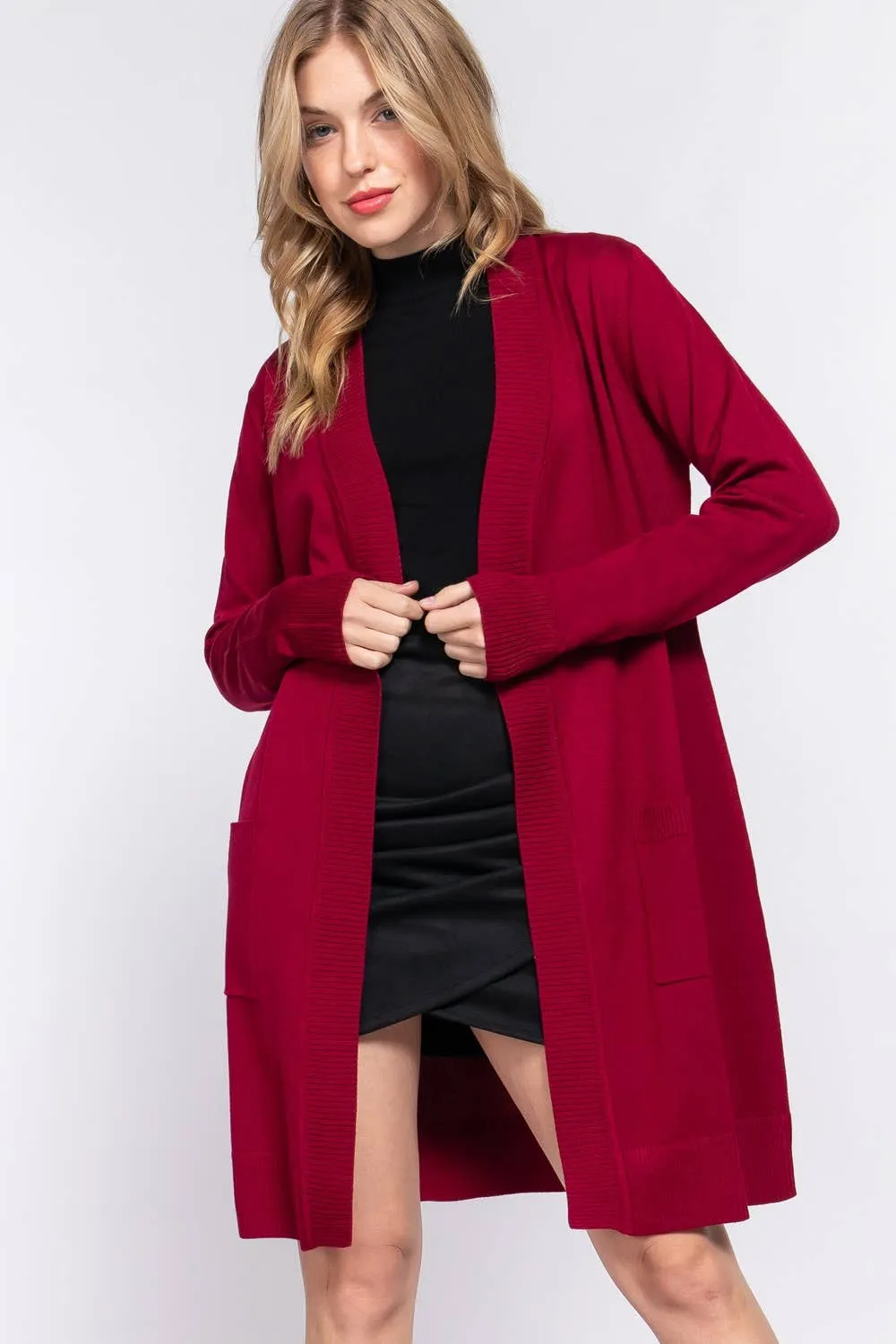Long Sleeve Rib Banded Open Tunic Sweater Cardigan (teal blue)