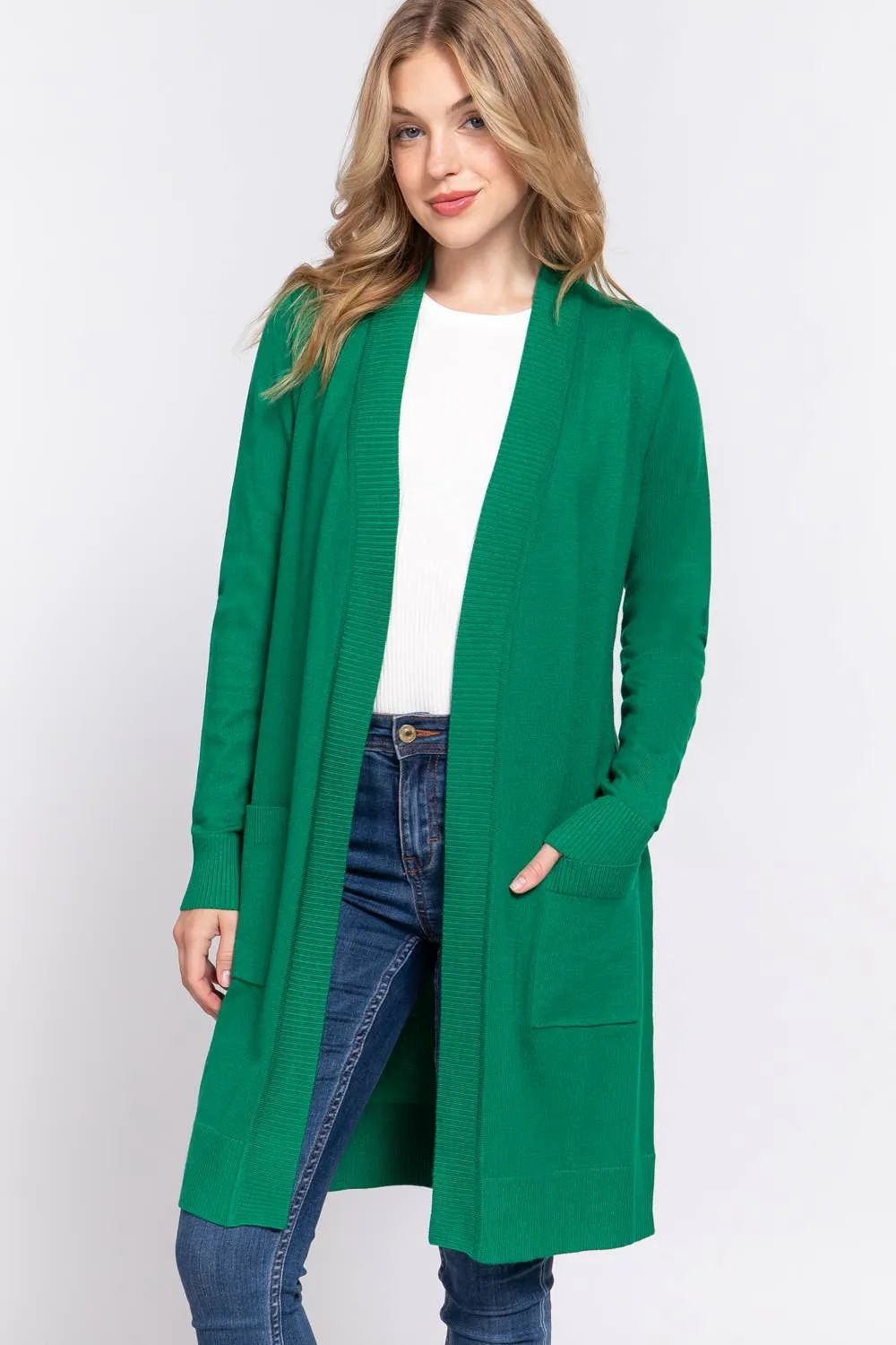 Long Sleeve Rib Banded Open Tunic Sweater Cardigan (teal blue)