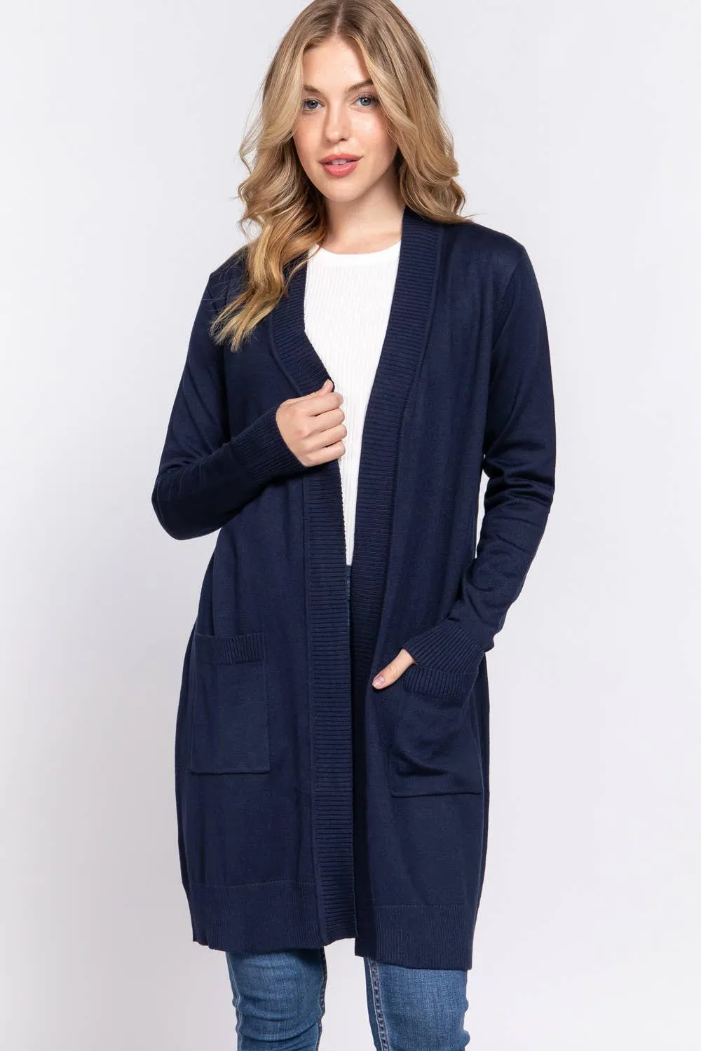 Long Sleeve Rib Banded Open Tunic Sweater Cardigan (teal blue)
