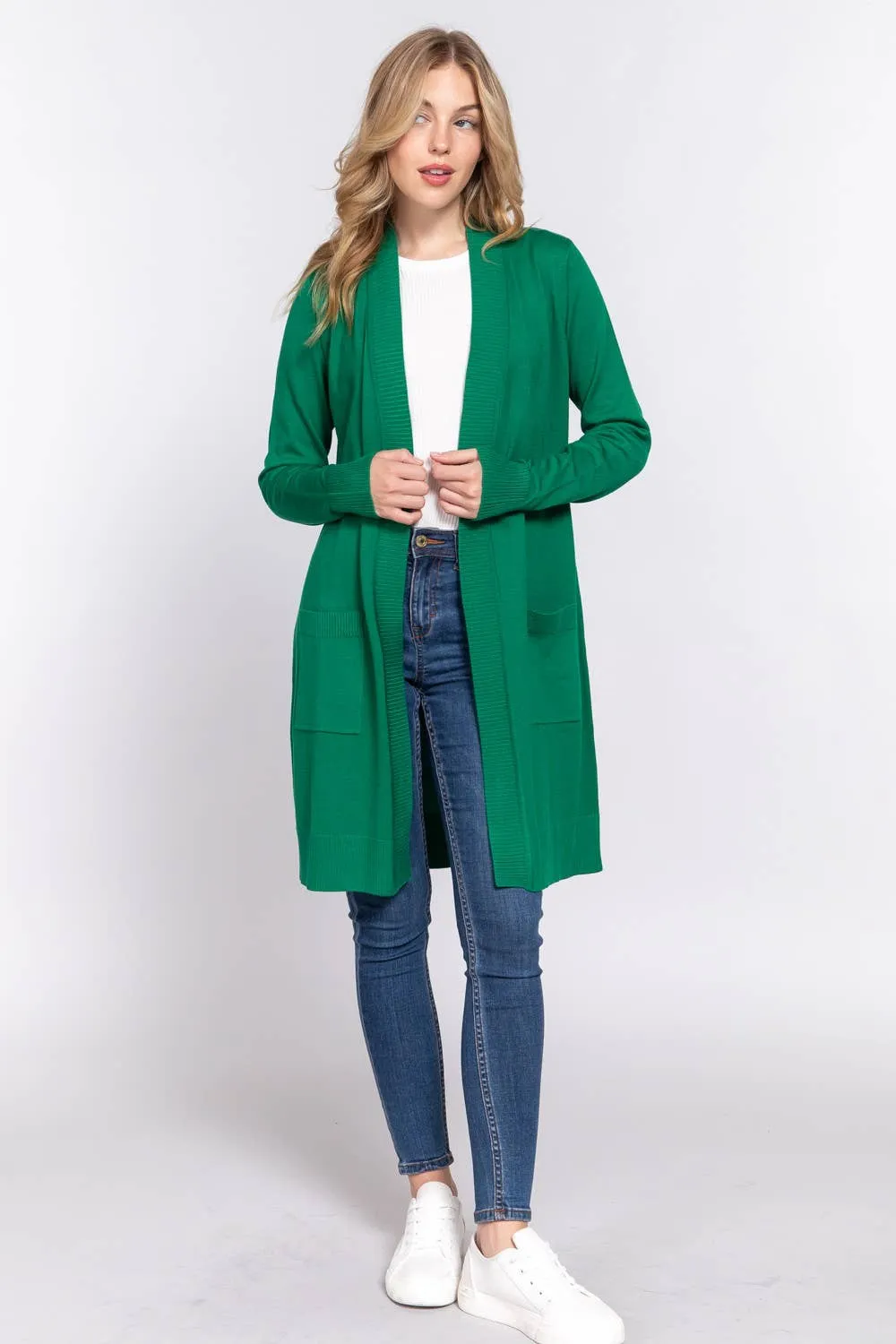 Long Sleeve Rib Banded Open Tunic Sweater Cardigan (teal blue)