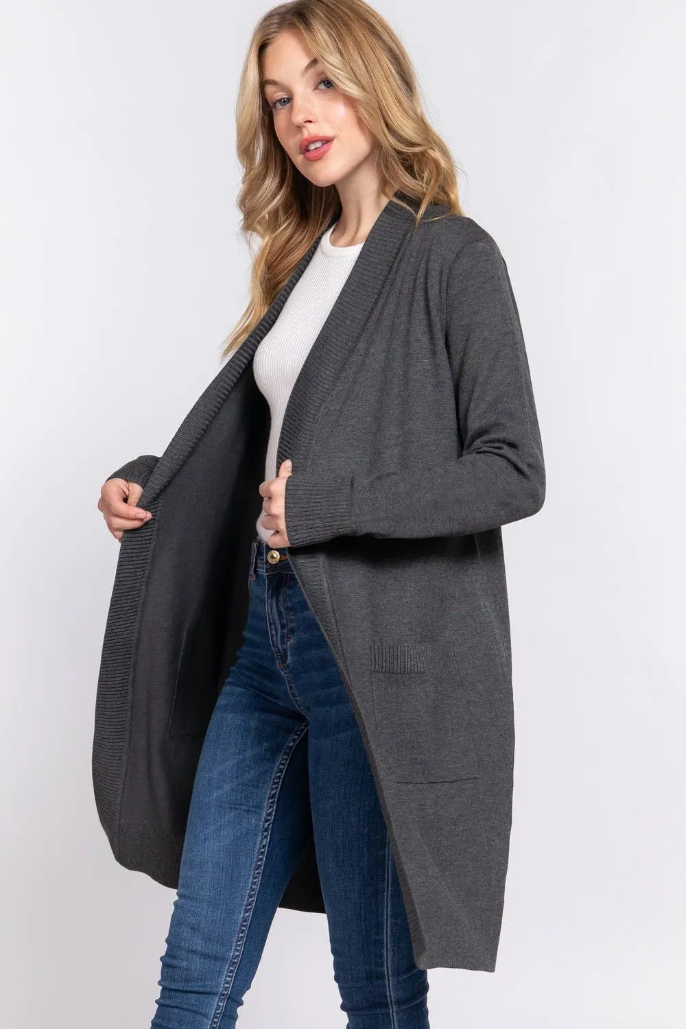 Long Sleeve Rib Banded Open Tunic Sweater Cardigan (teal blue)
