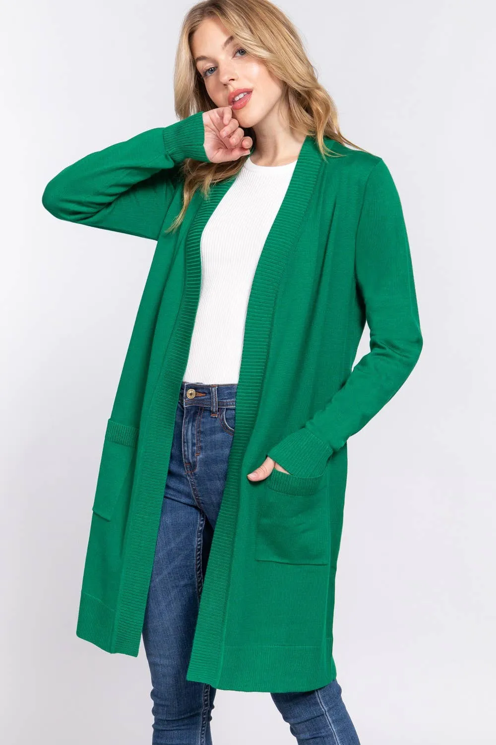 Long Sleeve Rib Banded Open Tunic Sweater Cardigan (teal blue)