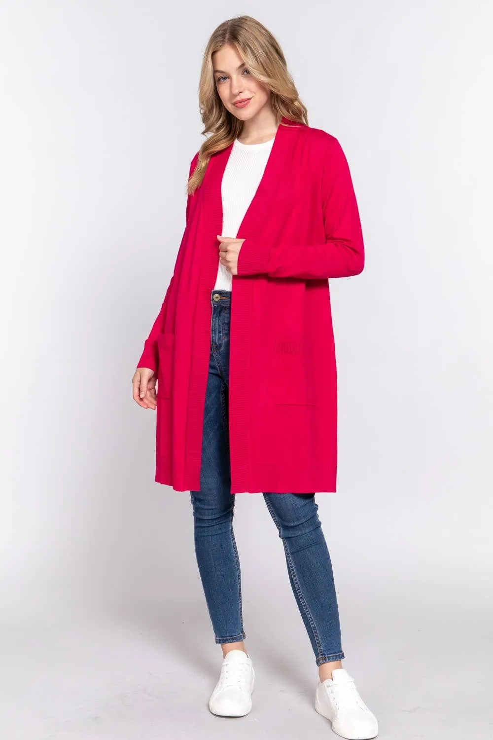 Long Sleeve Rib Banded Open Tunic Sweater Cardigan (teal blue)