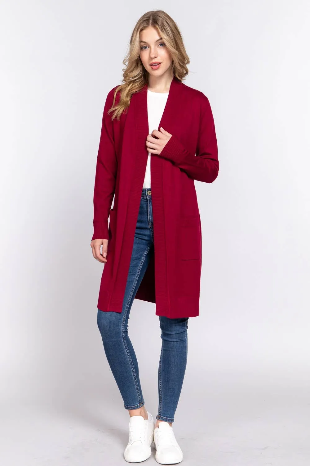 Long Sleeve Rib Banded Open Tunic Sweater Cardigan (teal blue)