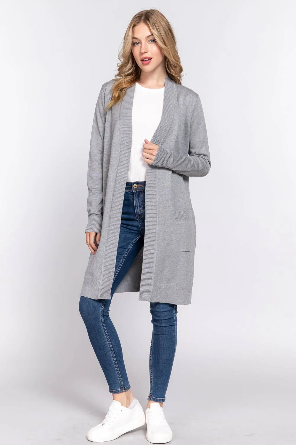 Long Sleeve Rib Banded Open Tunic Sweater Cardigan (teal blue)