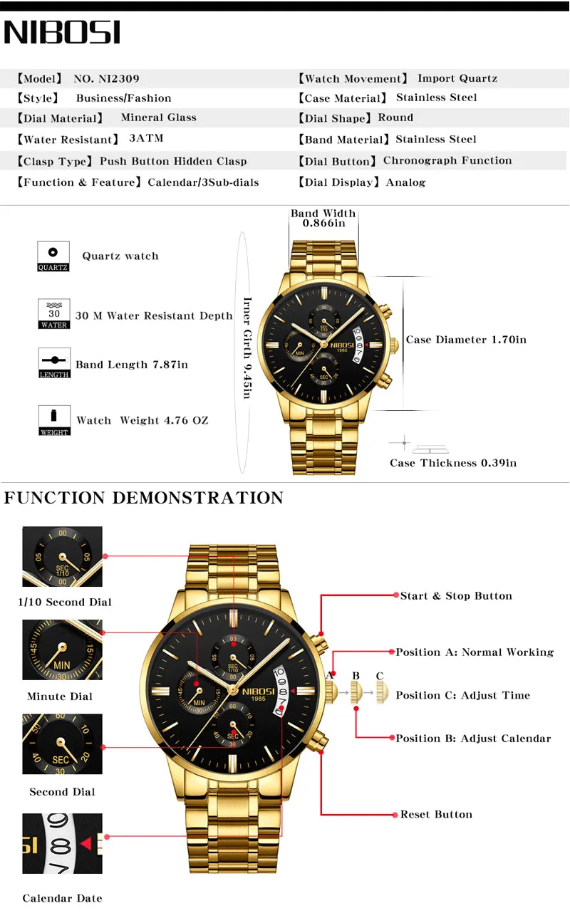Luxury Sports Quartz Water Resistant Watches