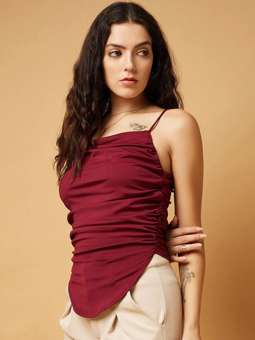 Maroon Solid Shoulder Straps Top