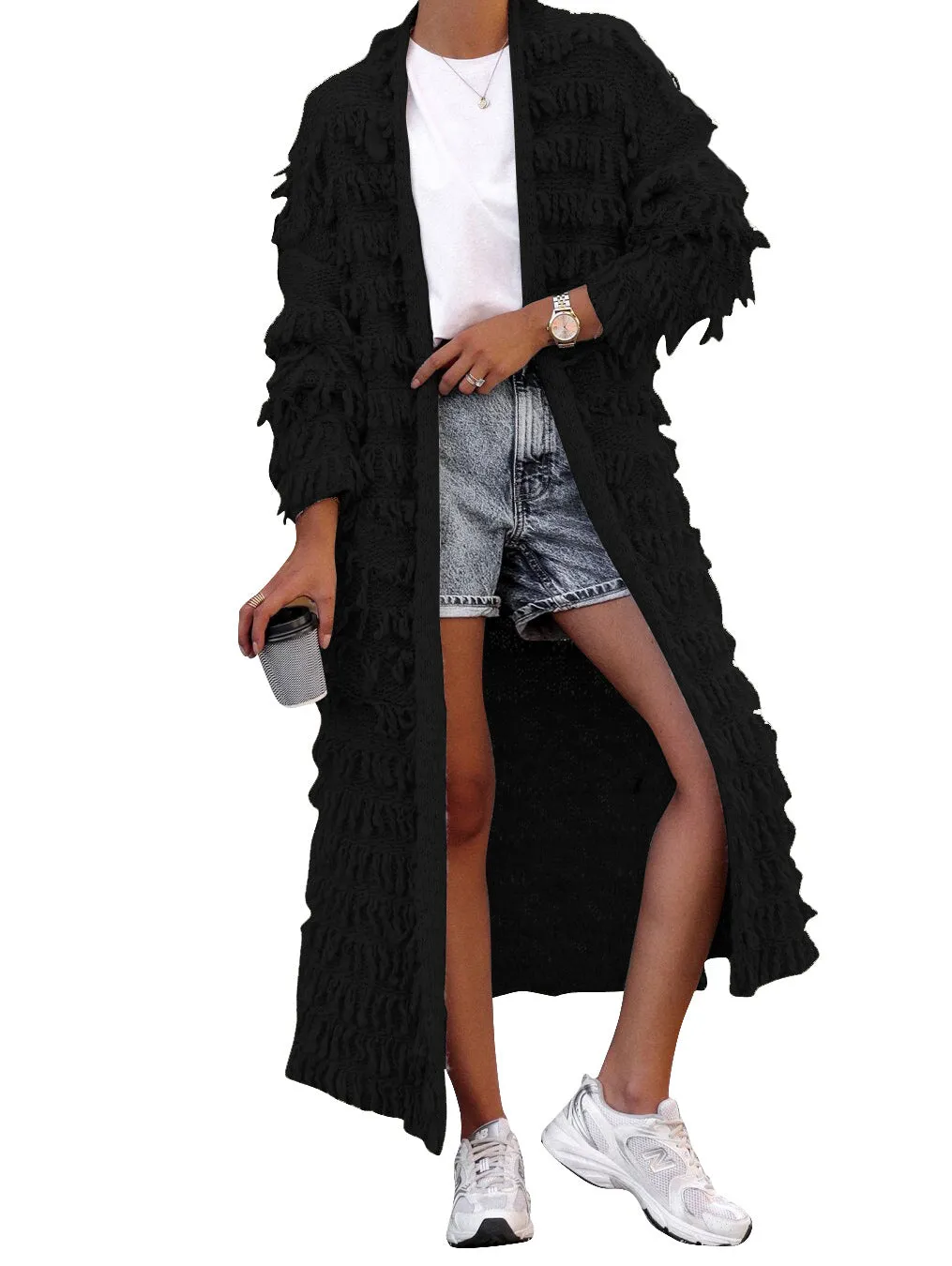 MB FASHION  Long Fringe Textured Open-Front Cardigan COAT 1282LY